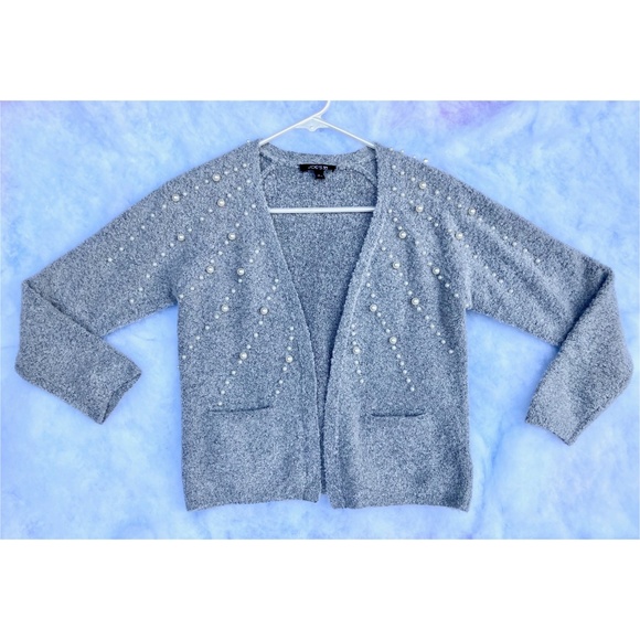 HP! Joe's ❉ Pearl Embellished Boucle Cardigan Sweater in Grey Size L 12-14 - Picture 3 of 8